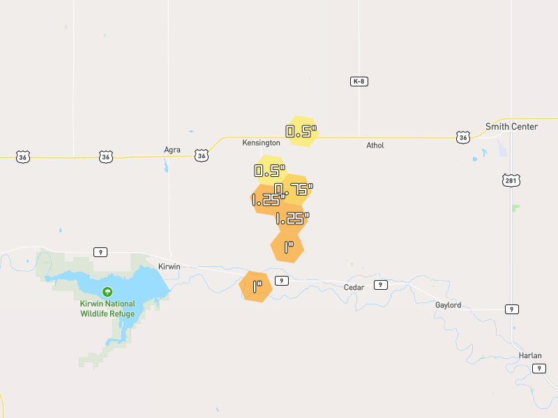 Hail map of Kensington, KS on Jul 2, 2026, hail up to 1.25"