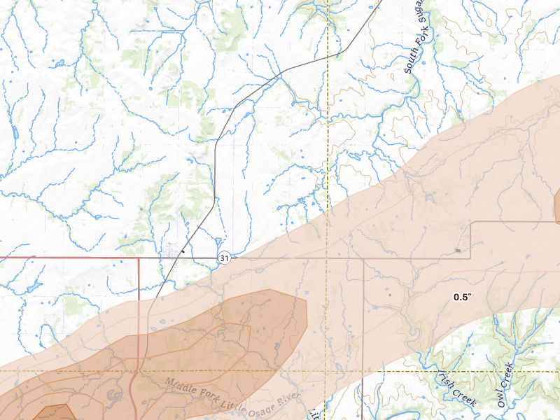 Radar-estimated hail-size map of the storm over Kincaid, KS