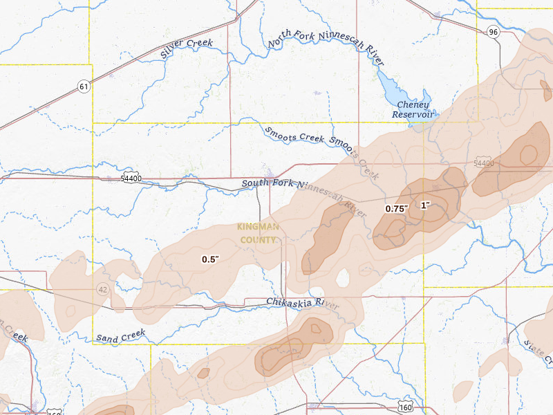 Radar-estimated hail-size map of the storm over Kingman, KS on Mar 10, 2026