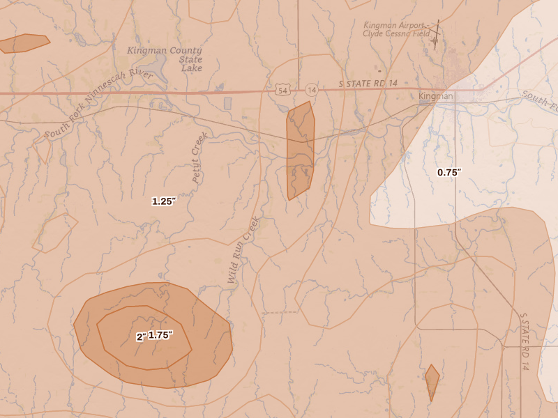 Radar-estimated hail-size map of the storm over Kingman, KS on May 18, 2026