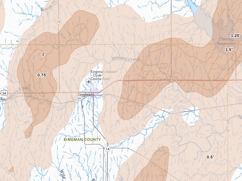 Radar-estimated hail-size map of the storm over Kingman, KS on May 30, 2026