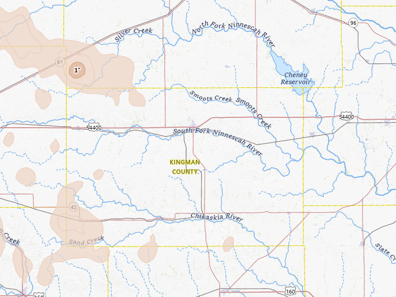 Radar-estimated hail-size map of the storm over Kingman, KS on Jun 1, 2026