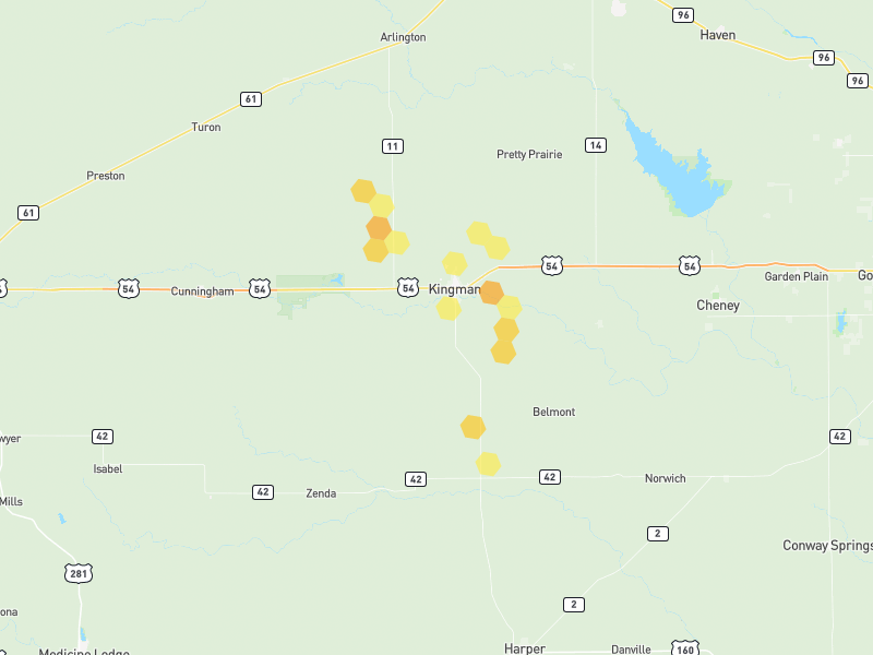 Hail map of Kingman, KS on Jun 2, 2026, hail up to 1"
