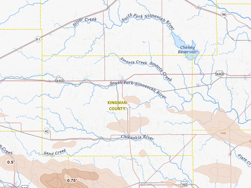 Radar-estimated hail-size map of the storm over Kingman, KS on Jun 18, 2026