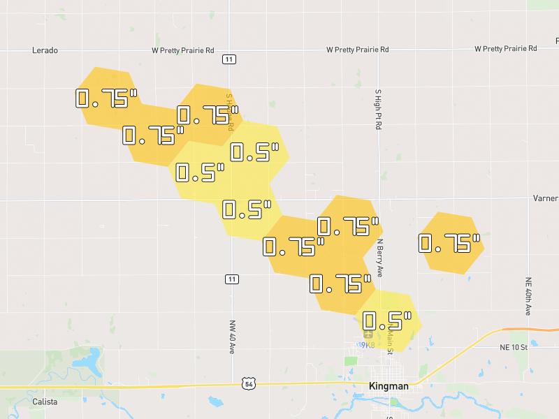 Hail map of Kingman, KS on Jun 26, 2026, hail up to 0.75"