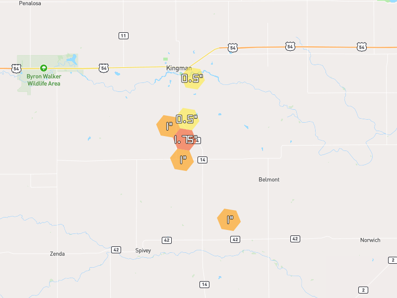 Hail map of Kingman, KS on Jun 27, 2026, hail up to 1.75"