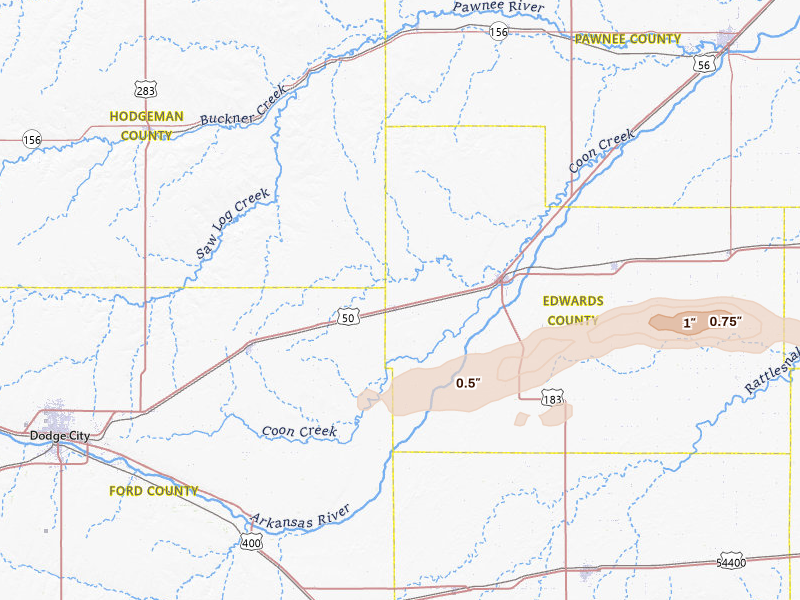 Radar-estimated hail-size map of the storm over Kinsley, KS on Apr 9, 2026