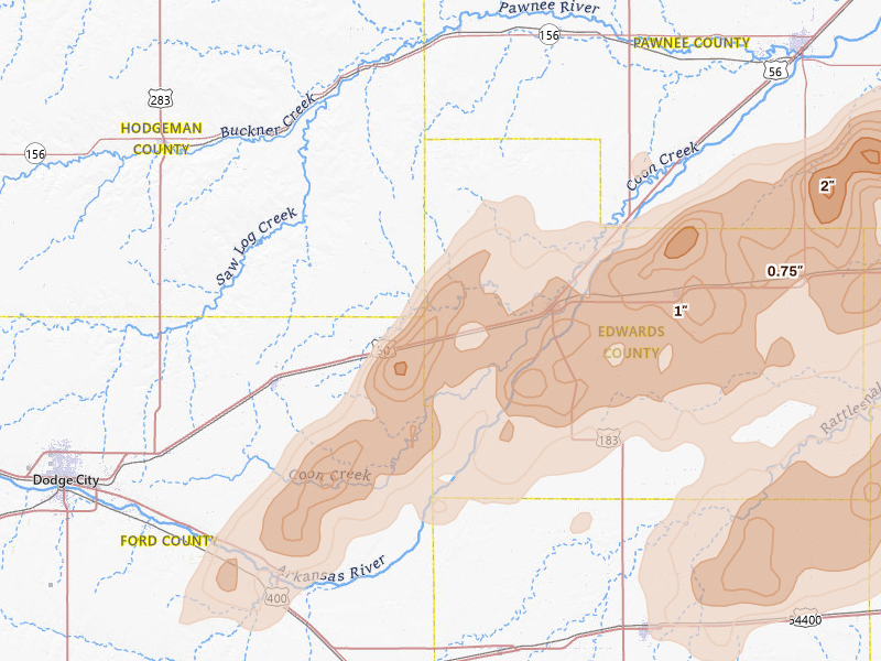 Radar-estimated hail-size map of the storm over Kinsley, KS on May 18, 2026
