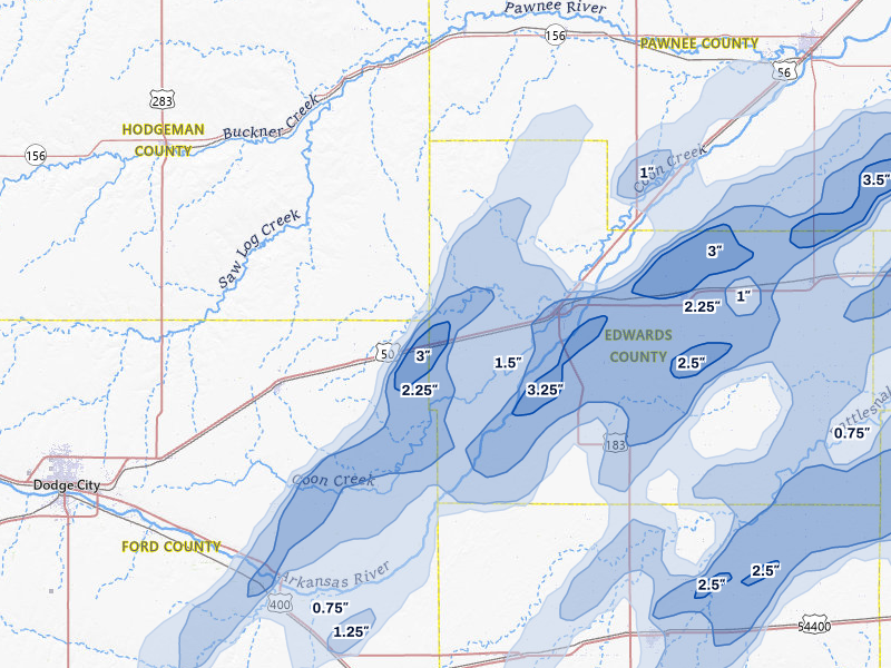NEXRAD radar-signature map of the hail storm over Kinsley, KS on May 18, 2026