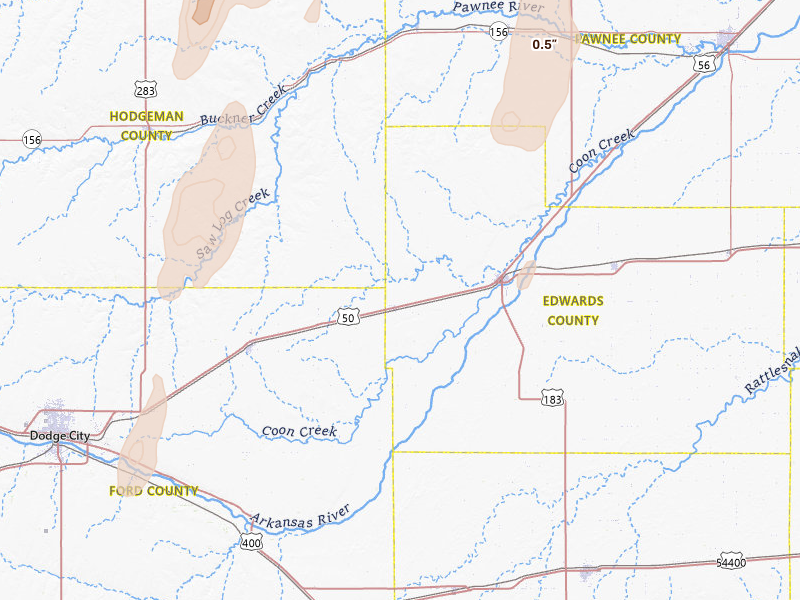 Radar-estimated hail-size map of the storm over Kinsley, KS on May 30, 2026
