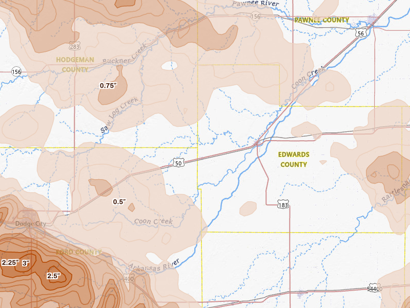 Radar-estimated hail-size map of the storm over Kinsley, KS on Jun 20, 2026