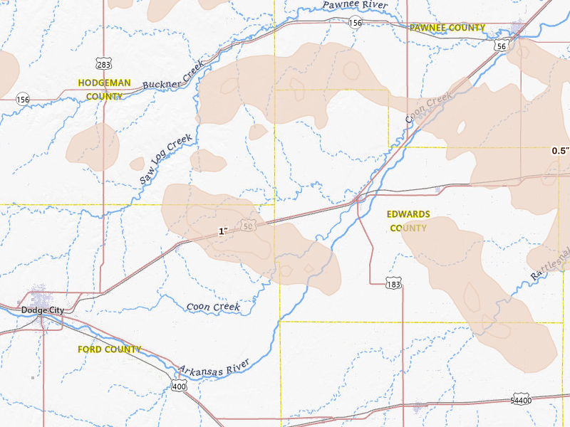 Radar-estimated hail-size map of the storm over Kinsley, KS on Jun 25, 2026