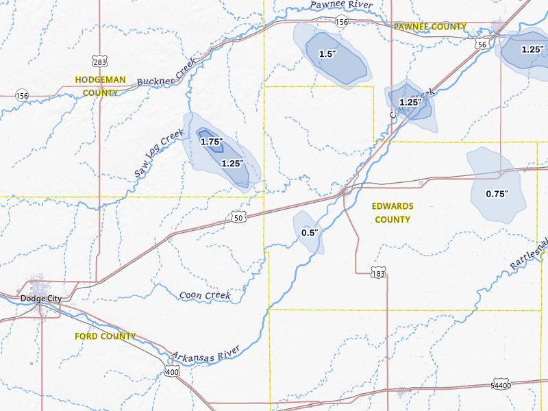 NEXRAD radar-signature map of the hail storm over Kinsley, KS on Jun 25, 2026