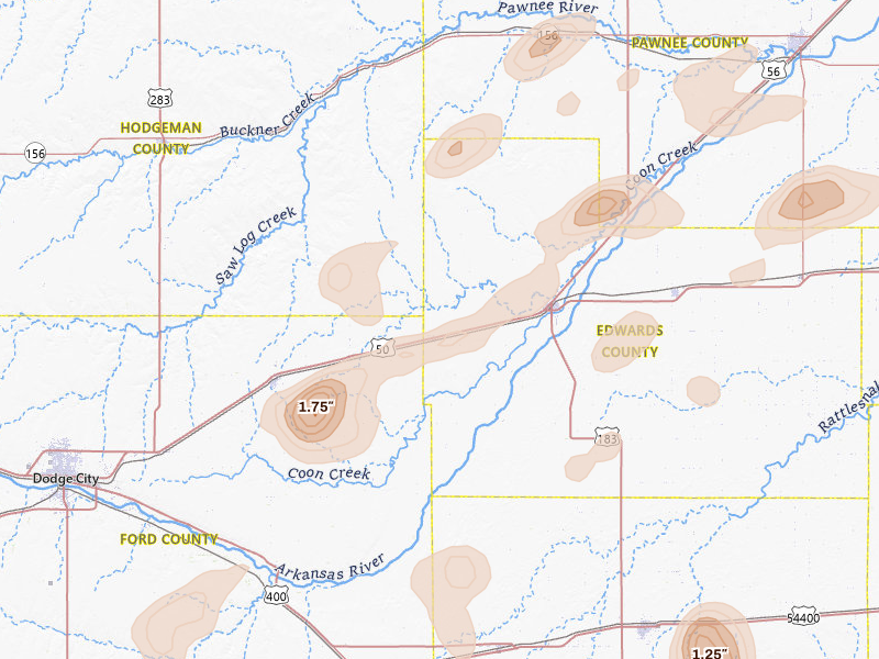 Radar-estimated hail-size map of the storm over Kinsley, KS on Jul 9, 2026
