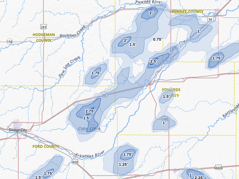 NEXRAD radar-signature map of the hail storm over Kinsley, KS on Jul 9, 2026