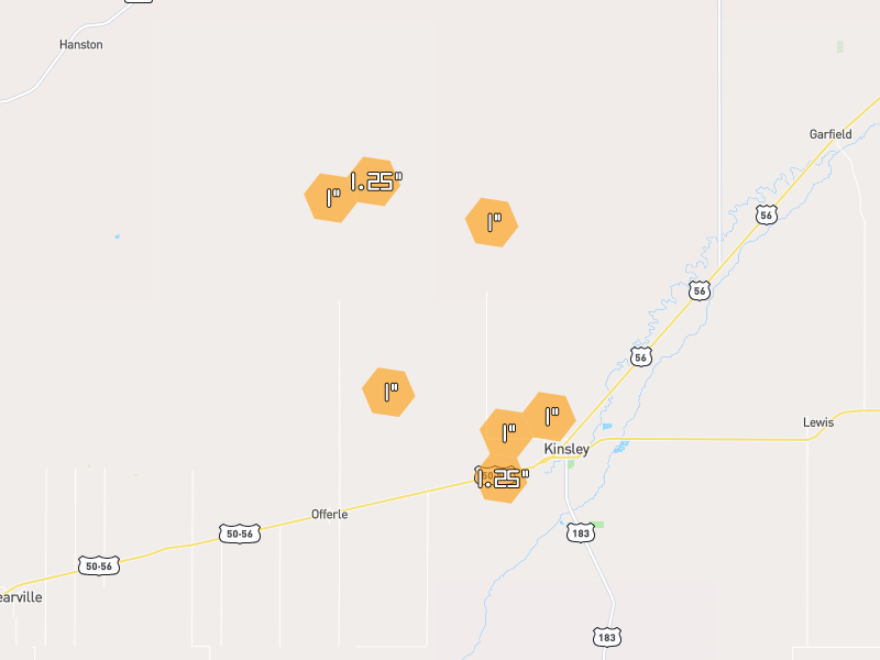 Hail map of Kinsley, KS on Jul 9, 2026, hail up to 1.25"