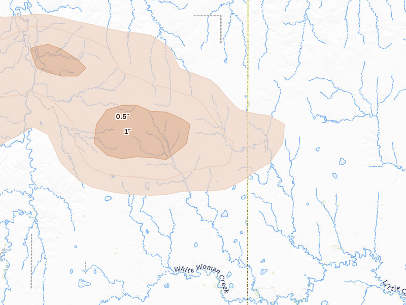 Radar-estimated hail-size map of the storm over Kinsley, KS on Aug 18, 2026