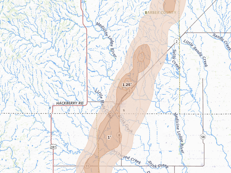 Radar-estimated hail-size map of the storm over Kiowa, KS on Mar 5, 2026