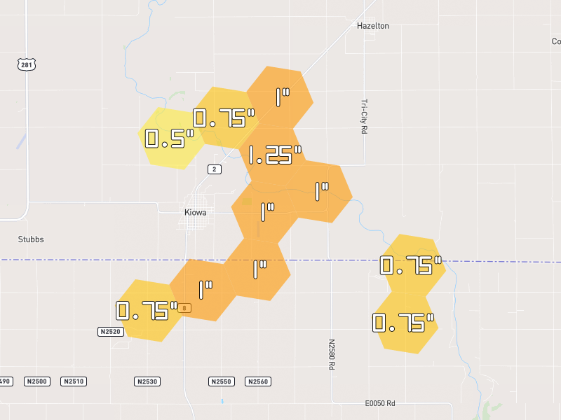 Hail map of Kiowa, KS on Jun 2, 2026, hail up to 1.25"