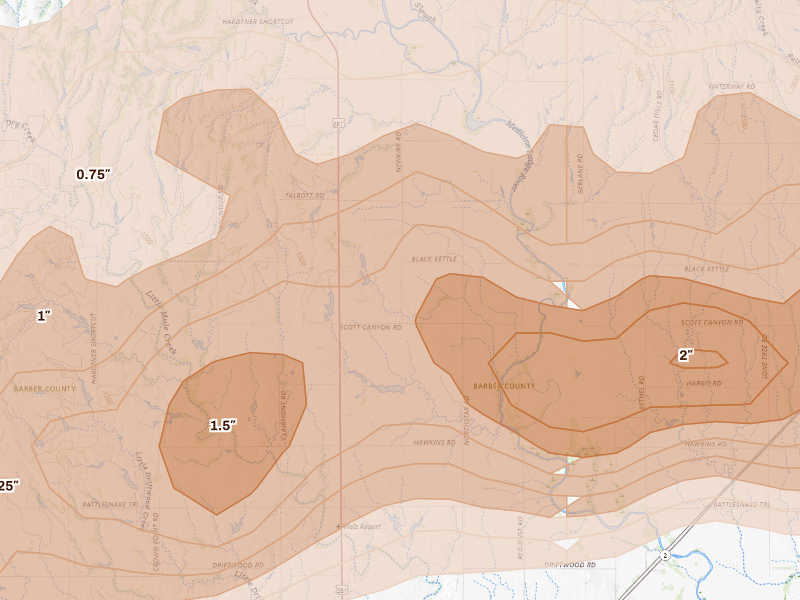 Radar-estimated hail-size map of the storm over Kiowa, KS