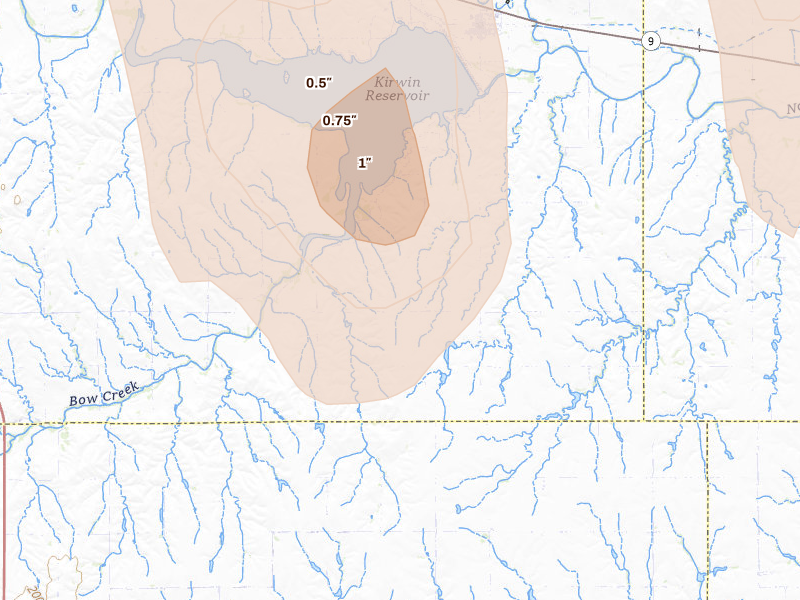 Radar-estimated hail-size map of the storm over Kirwin, KS on Jul 1, 2026