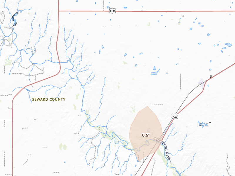 Radar-estimated hail-size map of the storm over Kismet, KS on Jun 3, 2026
