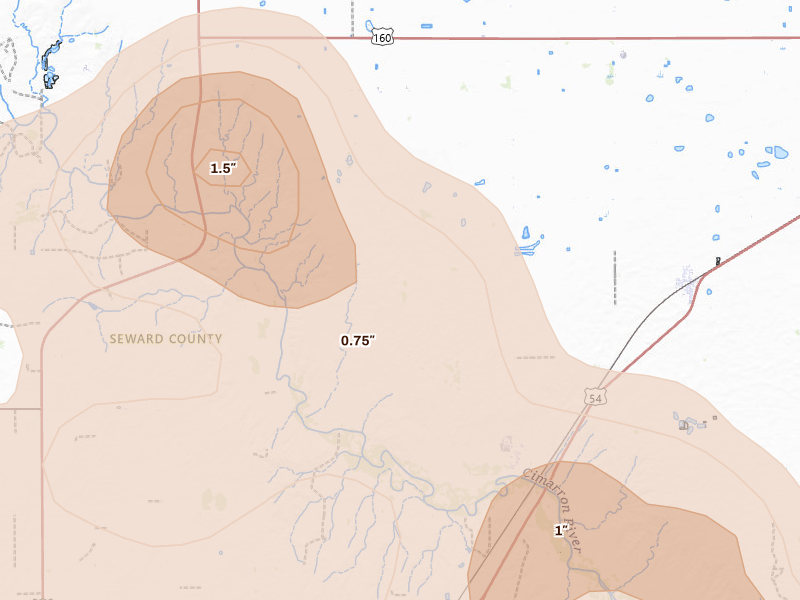 Radar-estimated hail-size map of the storm over Kismet, KS