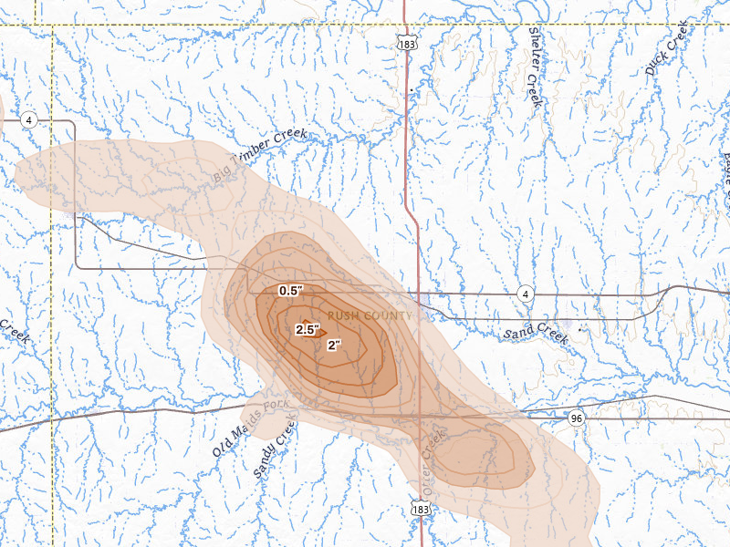 Radar-estimated hail-size map of the storm over La Crosse, KS on Apr 25, 2026