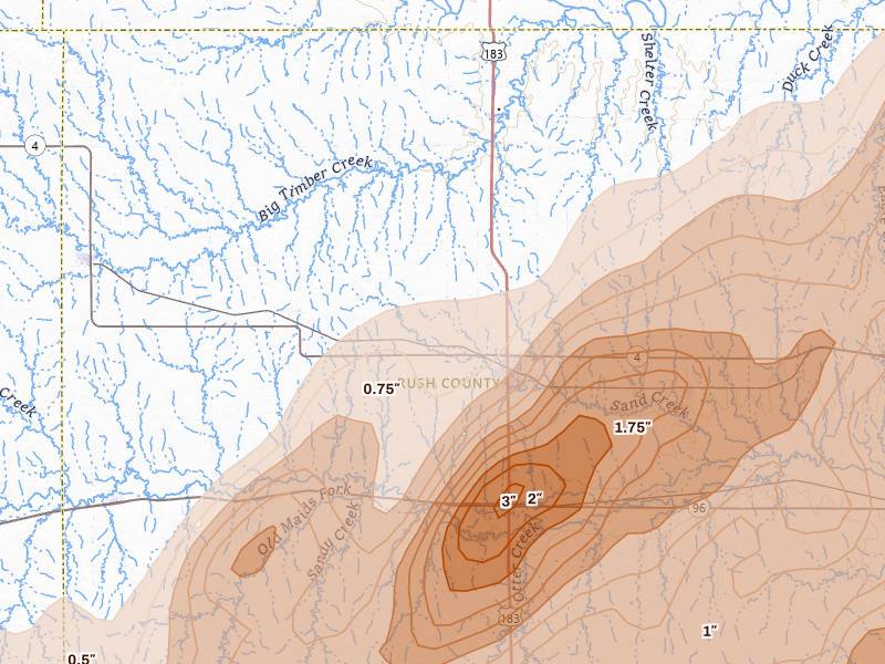 Radar-estimated hail-size map of the storm over La Crosse, KS on May 17, 2026