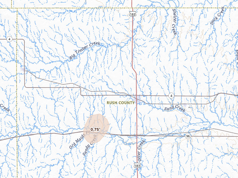 Radar-estimated hail-size map of the storm over La Crosse, KS on Jun 15, 2026