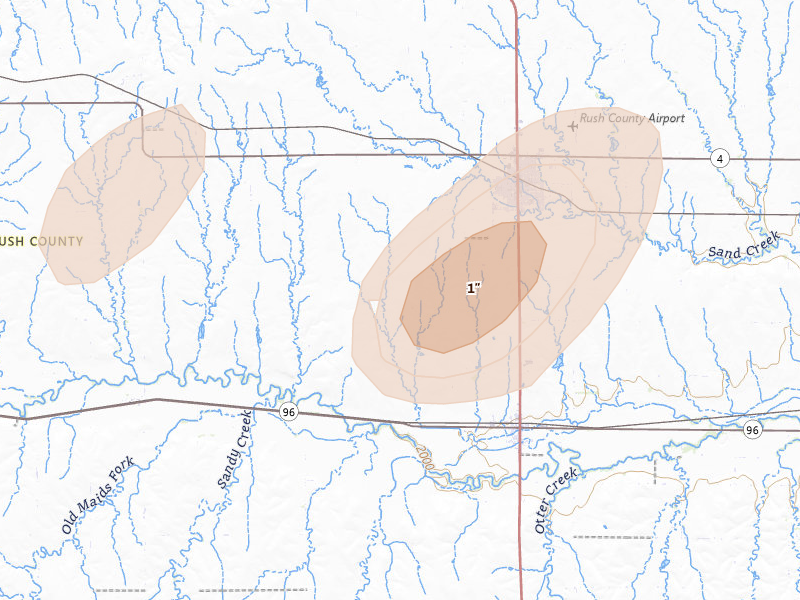 Radar-estimated hail-size map of the storm over La Crosse, KS on Aug 13, 2026