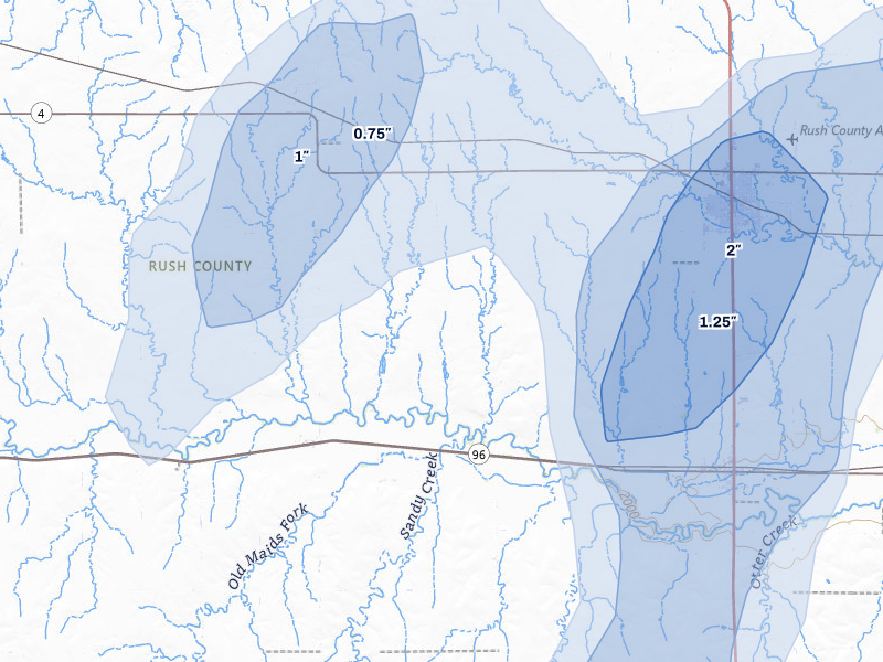 NEXRAD radar-signature map of the hail storm over La Crosse, KS on Aug 13, 2026