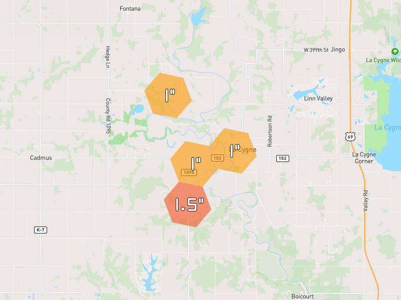 Hail map of La Cygne, KS on Jul 4, 2026, hail up to 1.5"