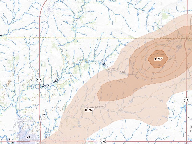 Radar-estimated hail-size map of the storm over La Harpe, KS on Apr 13, 2026