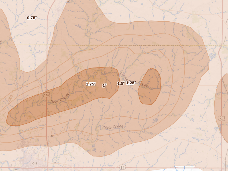 Radar-estimated hail-size map of the storm over La Harpe, KS on Apr 26, 2026