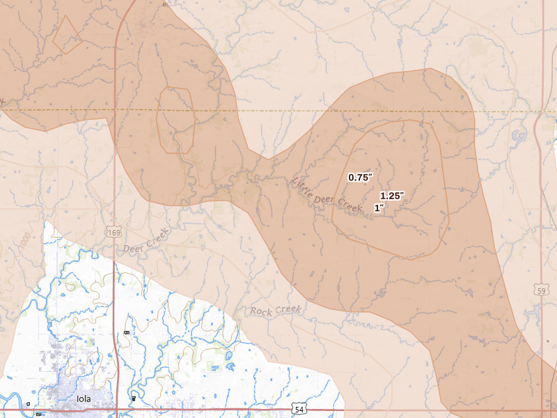 Radar-estimated hail-size map of the storm over La Harpe, KS on May 31, 2026