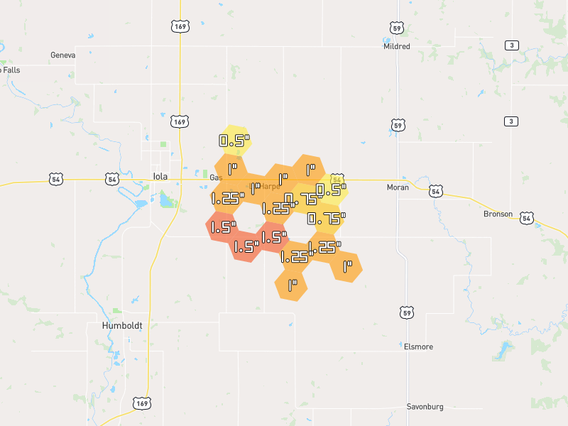 Hail map of La Harpe, KS on Jun 9, 2026, hail up to 1.5"