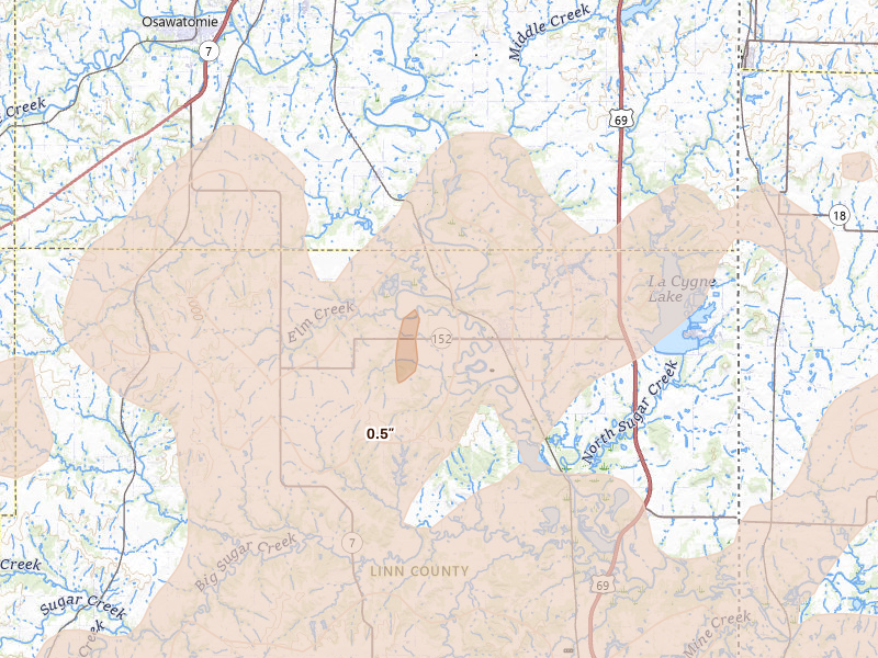 Radar-estimated hail-size map of the storm over Lacygne, KS on Apr 26, 2026