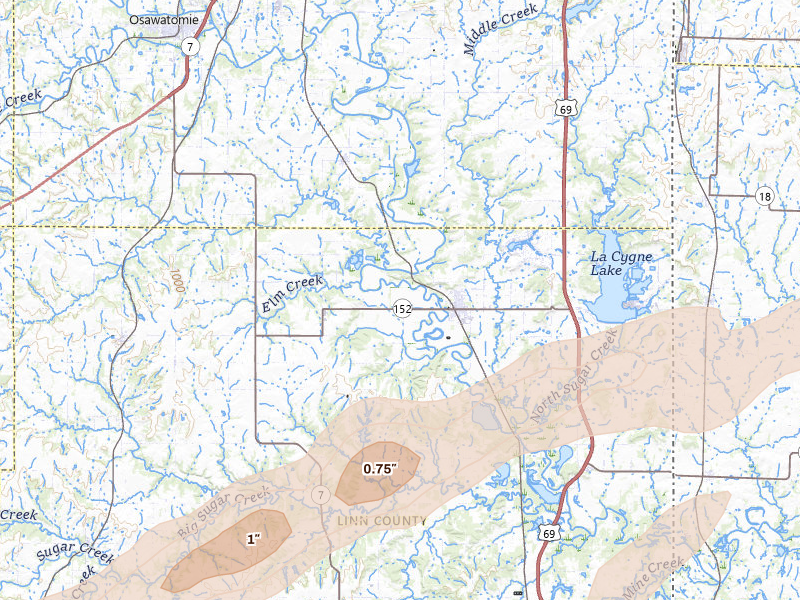 Radar-estimated hail-size map of the storm over Lacygne, KS on Apr 27, 2026