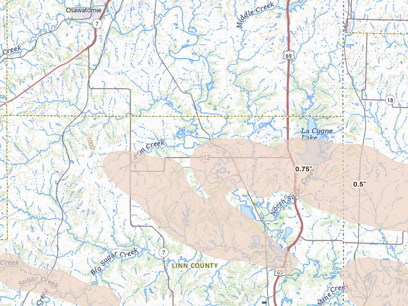 Radar-estimated hail-size map of the storm over Lacygne, KS on Jun 17, 2026