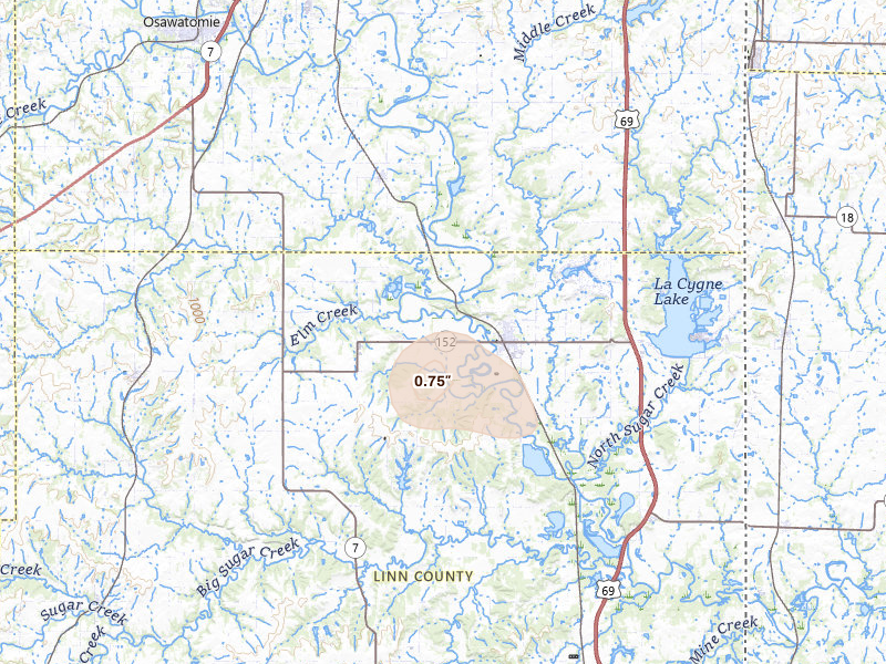 Radar-estimated hail-size map of the storm over Lacygne, KS on Jul 4, 2026