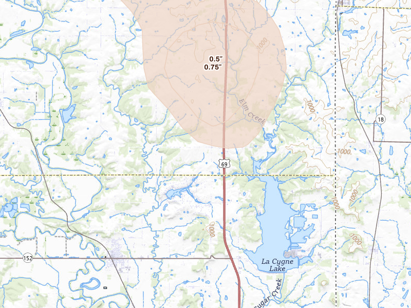 Radar-estimated hail-size map of the storm over Lacygne, KS