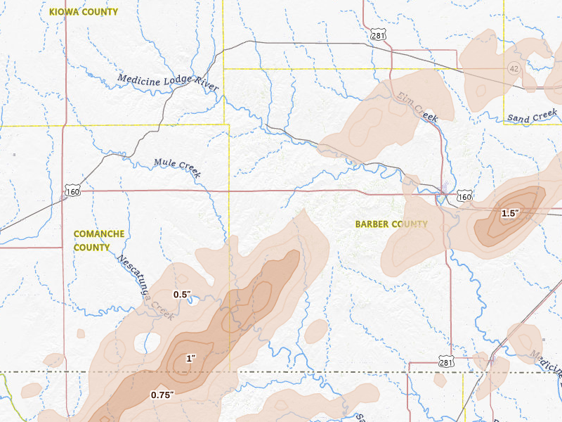 Radar-estimated hail-size map of the storm over Lake City, KS on Mar 10, 2026