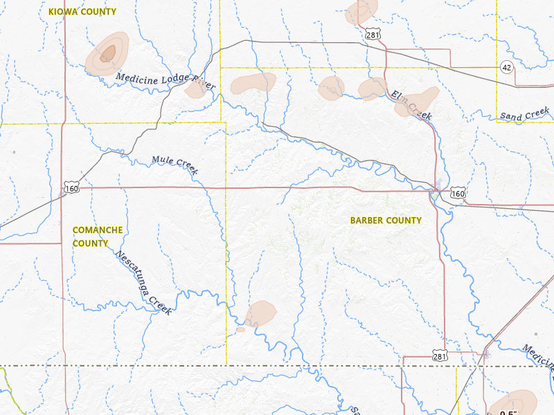 Radar-estimated hail-size map of the storm over Lake City, KS on Jun 26, 2026