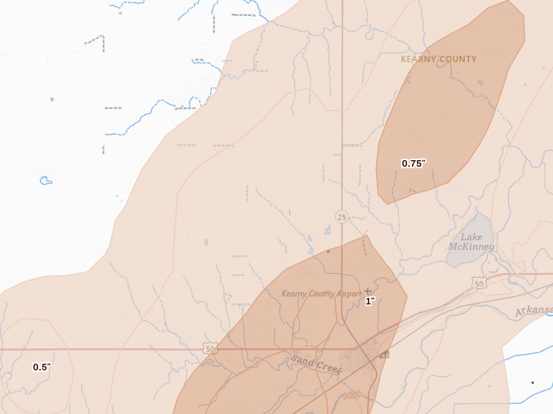 Radar-estimated hail-size map of the storm over Lakin, KS on Jun 30, 2026