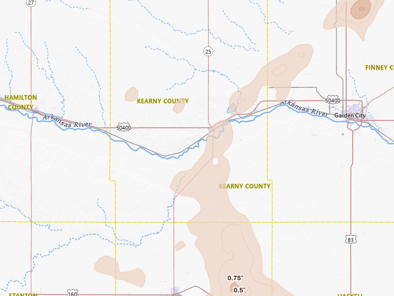 Radar-estimated hail-size map of the storm over Lakin, KS on Aug 15, 2026