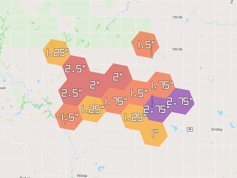 Hail map of Lamont, KS on Jun 1, 2026, hail up to 2.75"