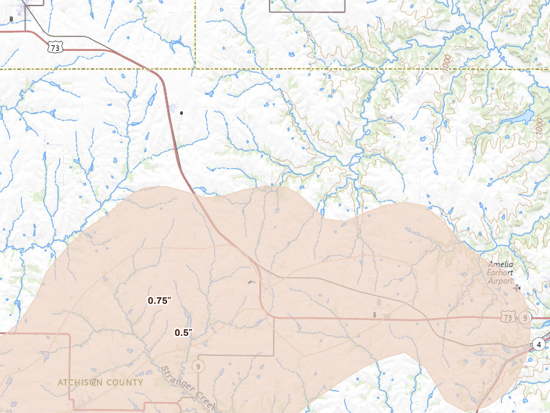 Radar-estimated hail-size map of the storm over Lancaster, KS on Jul 3, 2026