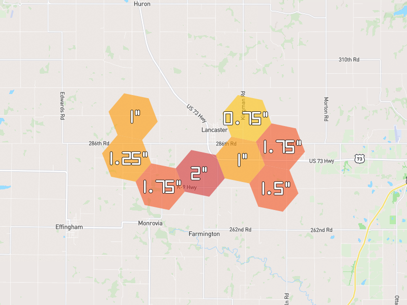 Hail map of Lancaster, KS on Jul 3, 2026, hail up to 2"