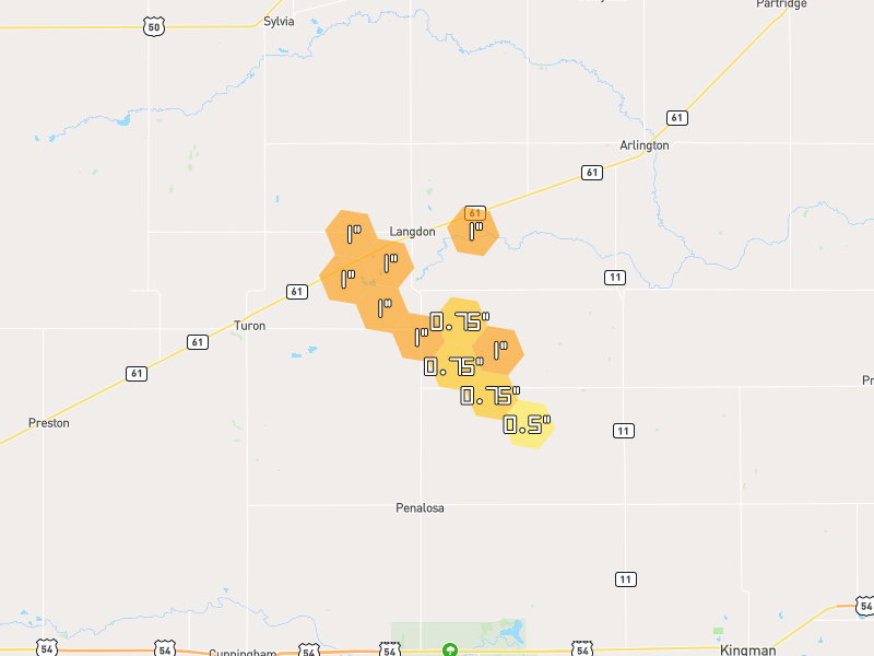 Hail map of Langdon, KS on Jun 26, 2026, hail up to 1"